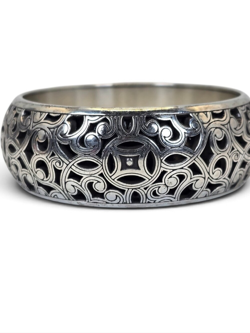 Brighton Wide Silver Tone Openwork Filigree Bangle Bracelet Signed - Picture 4 of 15